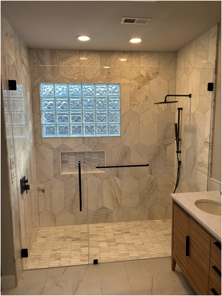 large walk in shower with glass block window bathroom remodel by premier hds 