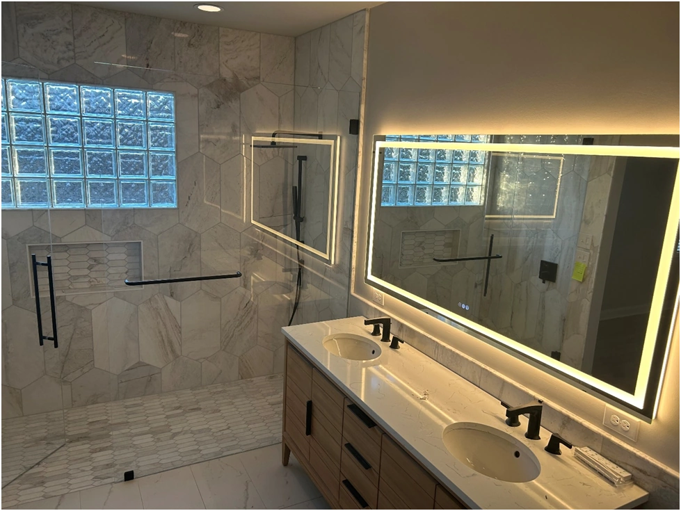 modern glass walk in shower bathroom renovation by premier hds