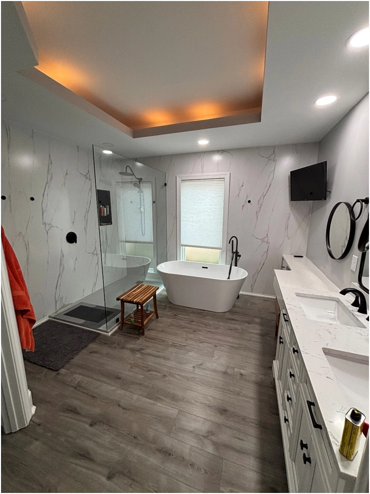 luxury bathroom remodel with freestanding tub and walk in shower by premier hds