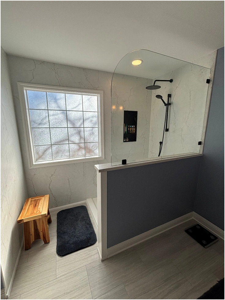 walk in shower remodel with frosted privacy window by premier hds
